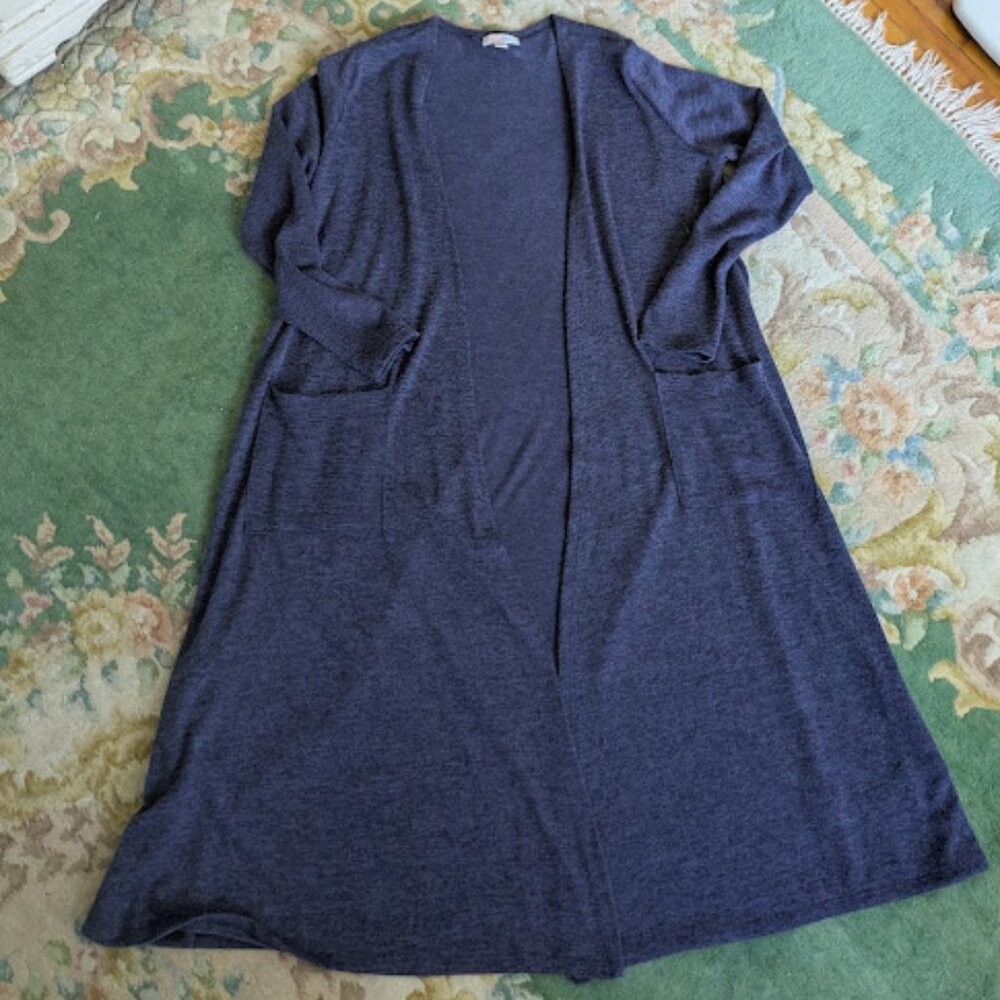 LULAROE Women Sz M Sweater Blue Duster Cardigan Long Pockets Sarah Polyester